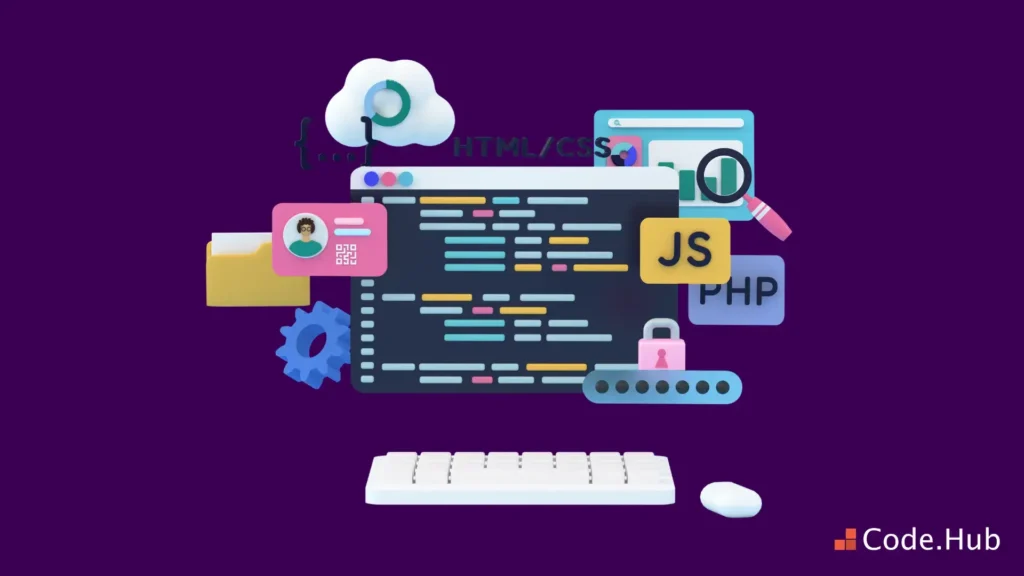 Colorful web development illustration with HTML, CSS, JS, PHP icons