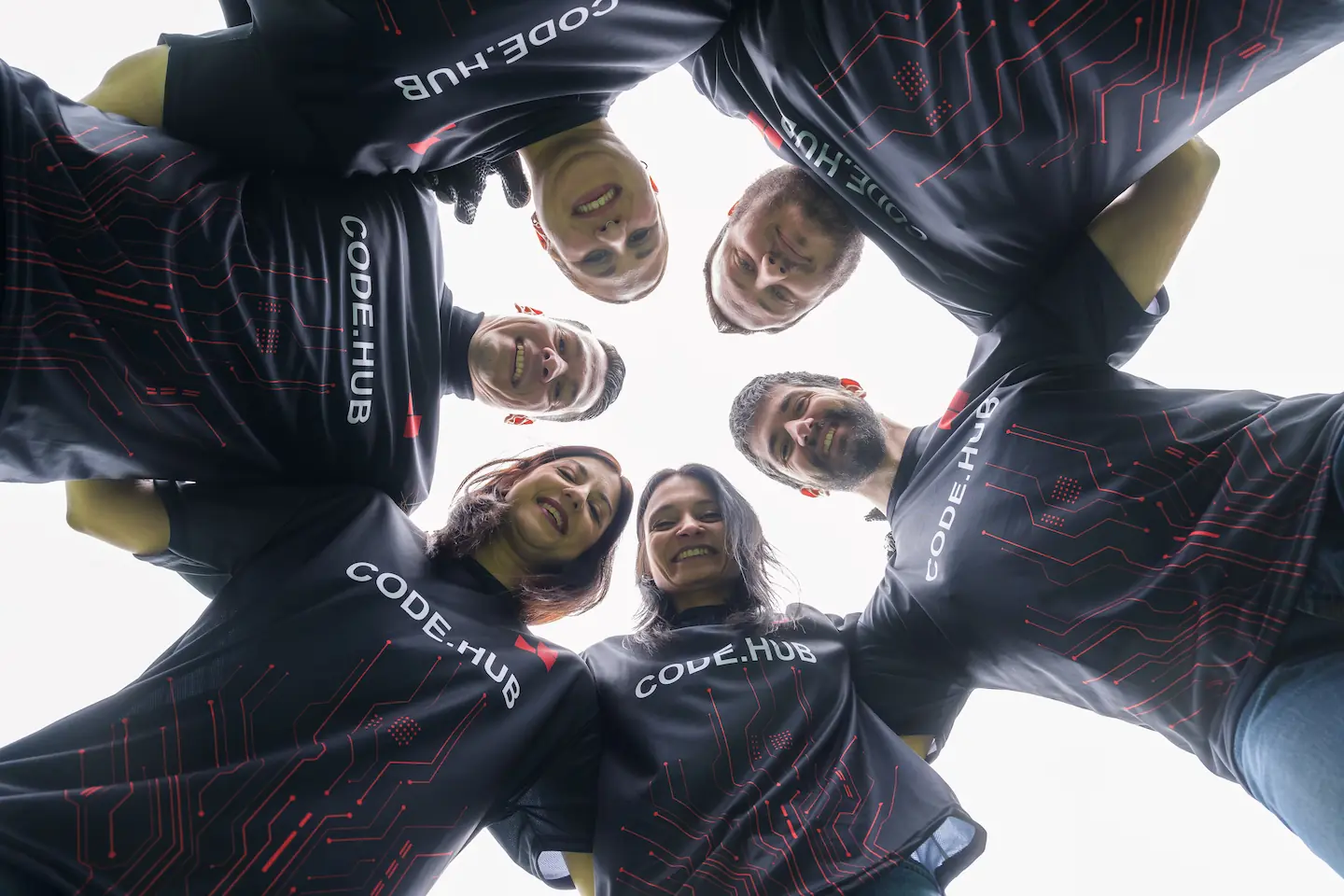 Code.Hub team huddle photographed from below