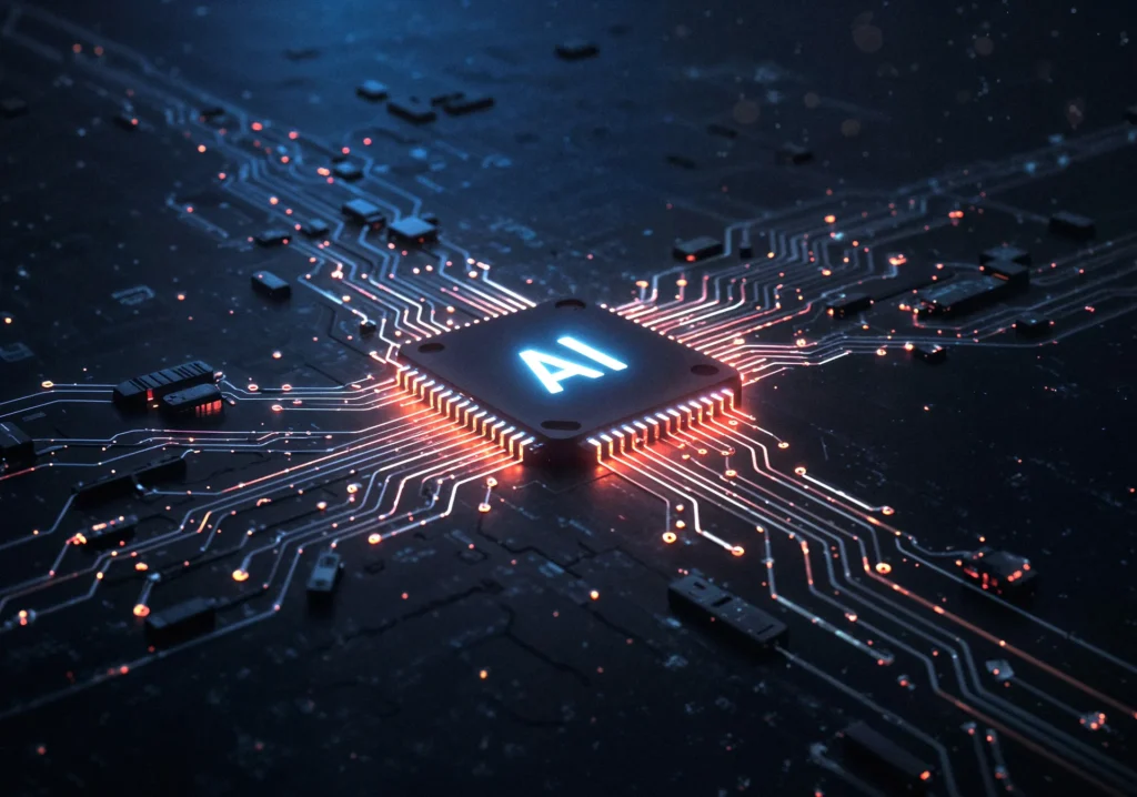 Glowing AI microchip on dark circuit board