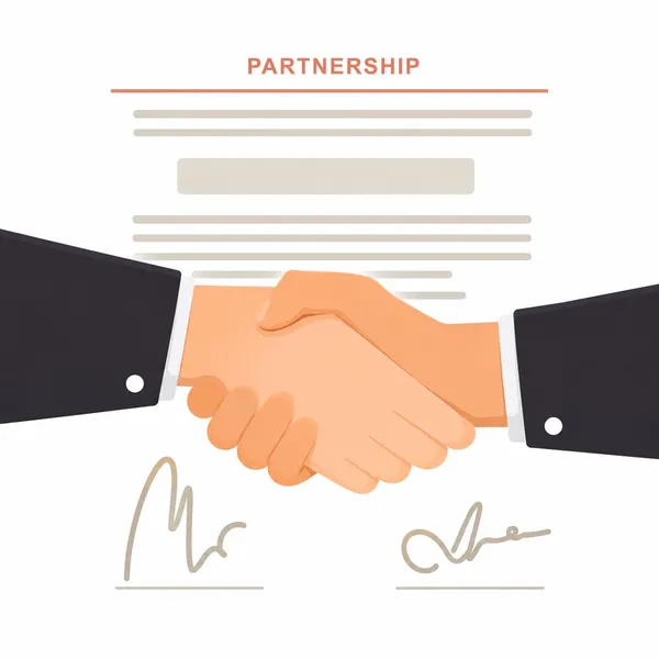 Two businesspeople shaking hands over a partnership agreement