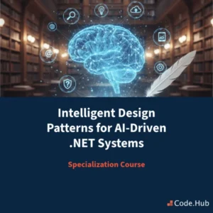 AI brain with tech icons for .NET design patterns course