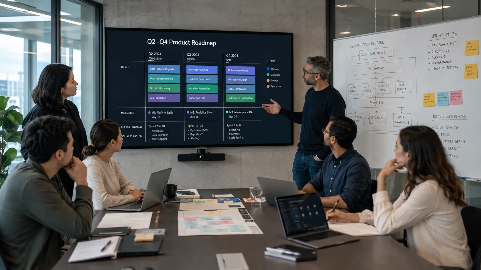 Team reviews Q2-Q4 product roadmap in modern conference room