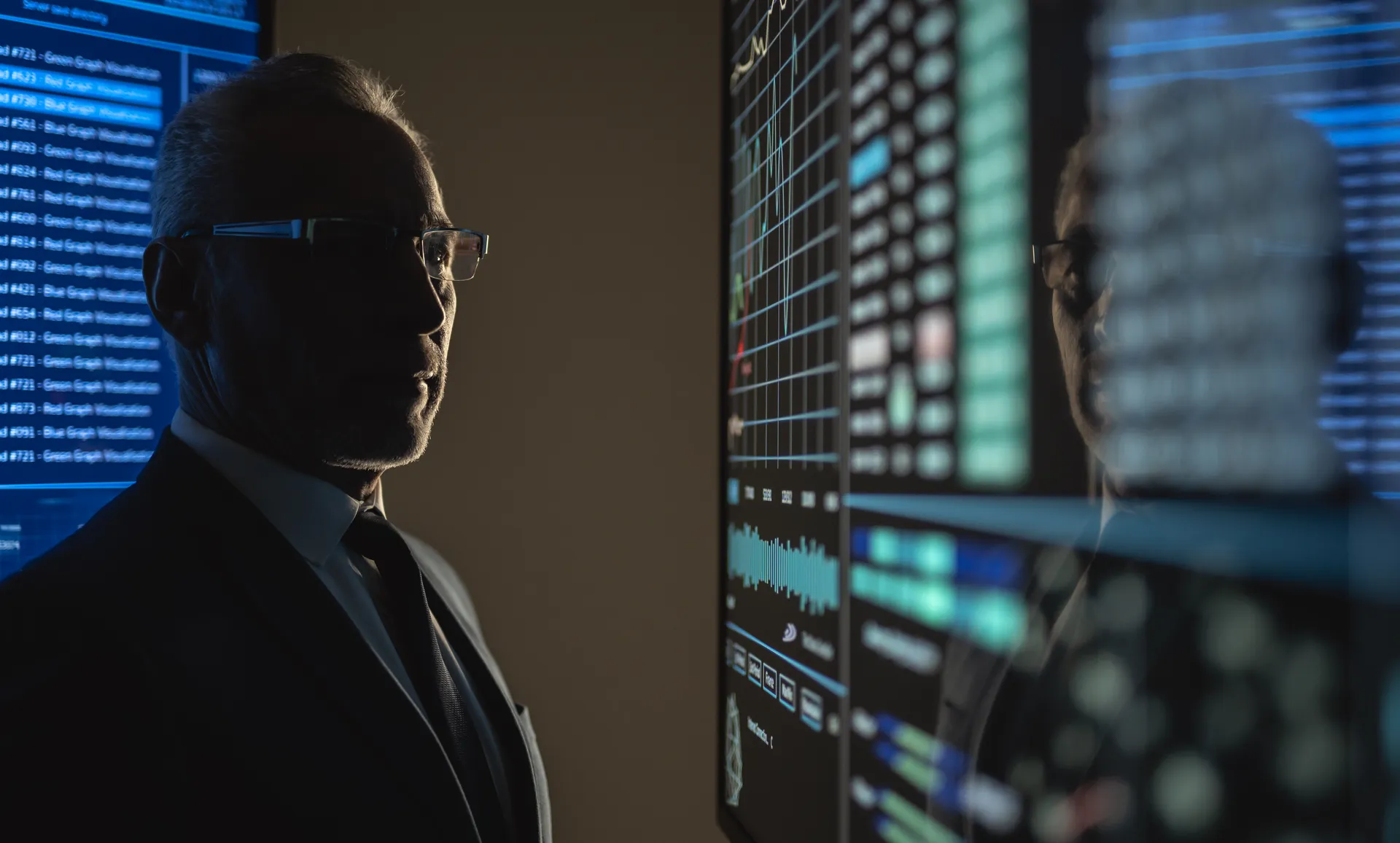 Business executive analyzing data on multiple digital screens
