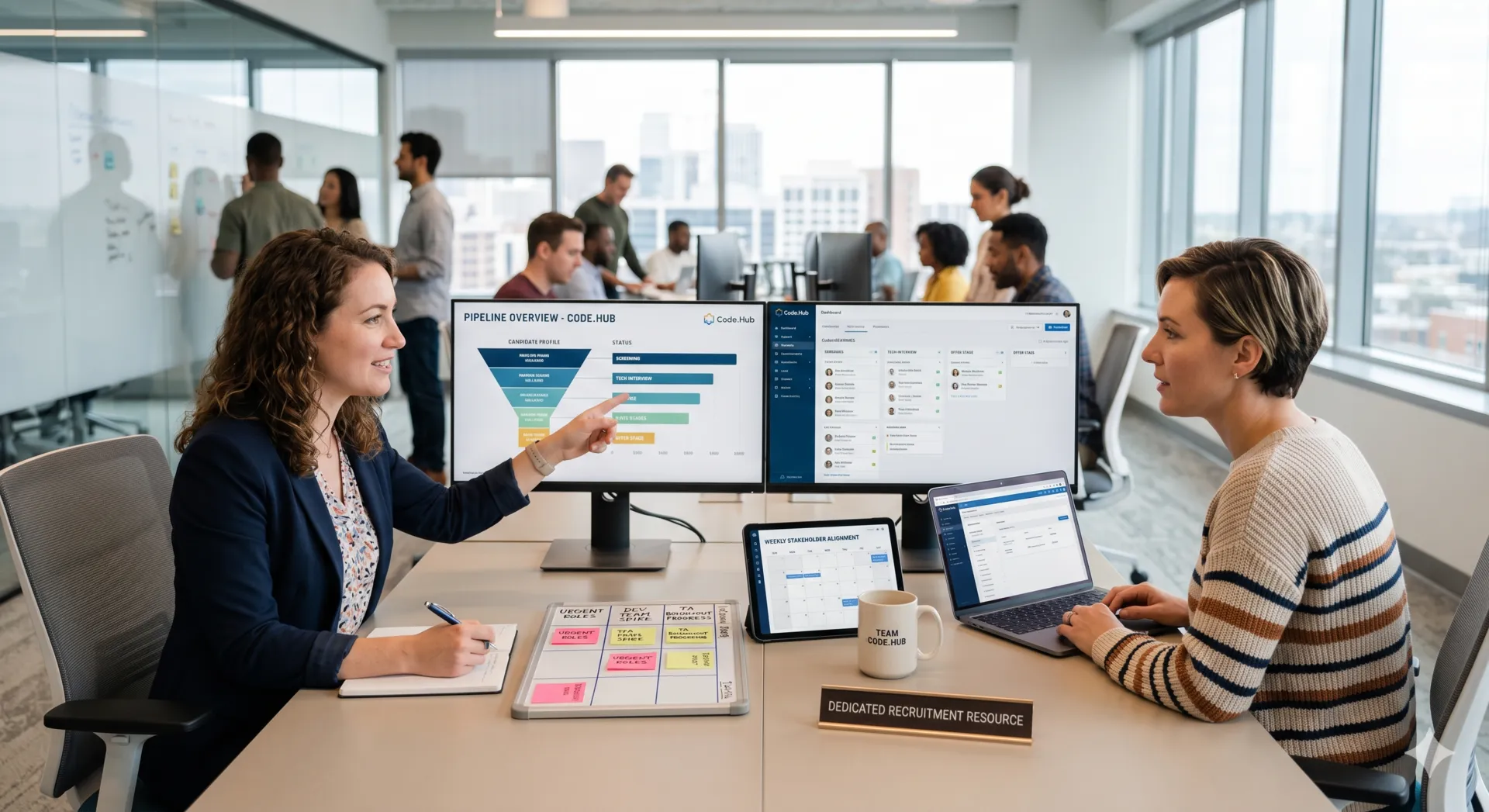Two women reviewing recruitment pipeline dashboard in busy office
